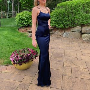 Sherri Hill navy blue tight fitting prom dress